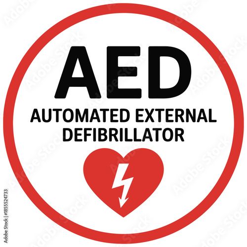 Automated external defibrillator AED symbol design for safety signage, emergency preparedness, lifesaving medical device identification, public spaces, workplaces, and clear visual emergency 