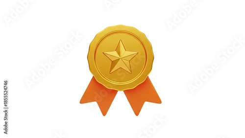 3D Gold medal with star and orange ribbons on transparent background