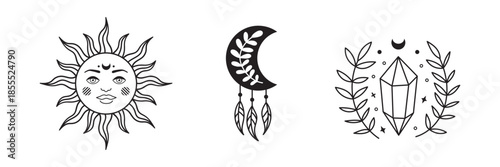 Mystical moon, crystal and sun celestial set. Vintage esoteric vector illustration featuring boho line art, astrology symbols, and retro tarot design elements.