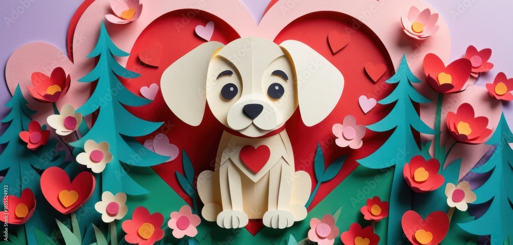 Fototapeta premium Cute paper craft dog sits surrounded by colorful paper flowers green trees and red hearts against a vibrant background