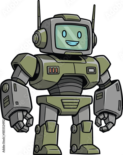Friendly robot with green and gray armor standing with a happy face
