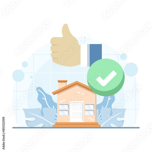 Realtor hand showing thumbs up with small house. Flat vector illustration for real estate purchase, home selection, property approval, and housing concept.