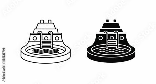 Black and white illustration of two identical fountain designs with outlined and filled versions on a plain white background.