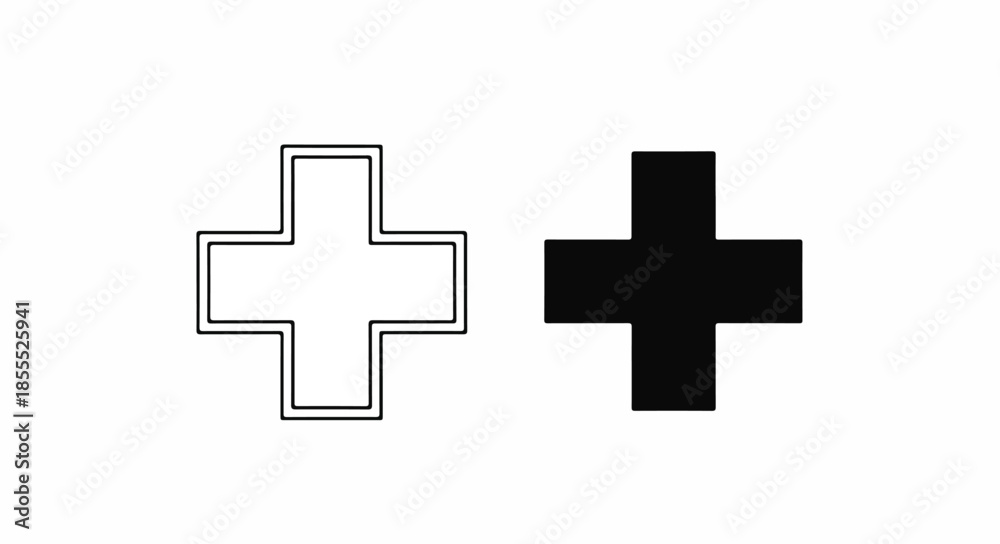 Obraz premium Two plus sign symbols, one outlined and one filled, on a white background, in a simple graphic design.