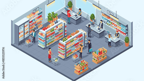 Busy supermarket scene with customers and staff