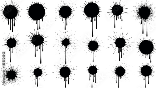 Black ink splat and paint drip collection with grunge spray texture splashes and liquid droplets isolated on white for vector design.