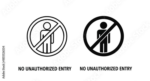 Two black and white warning signs with prohibited human icons and 'NO UNAUTHORIZED ENTRY' text on a white background.
