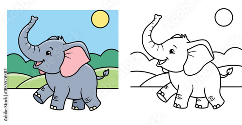 Coloring book page for kids. Cute cartoon elephant walking with colored example and outline sketch. Vector illustration of happy animal character in nature.