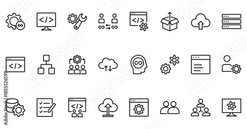 Devops and software development line icons representing continuous integration and it operations