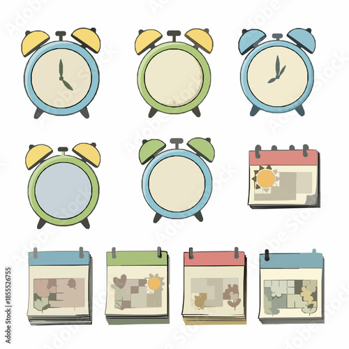 Hand-Drawn Spring Forward Icons Alarm Clocks and Calendars Vector Set