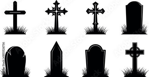 Collection of Black Silhouette Cemetery Gravestones and Cross Icons with Grass Elements Isolated on White Background for Halloween and Memorial Design