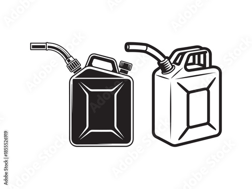 Black and white line of two jerry cans with spouts fuel can gas can container liquid