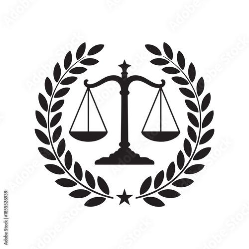 Black scales of justice symbol with laurel wreath and star legal court