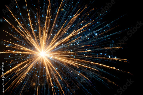 Blue firework sparks radiating outward on black background