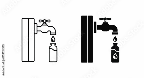 Black and white line icons of hand sanitizer dispensers mounted on walls with bottles underneath, simple graphic illustrations.