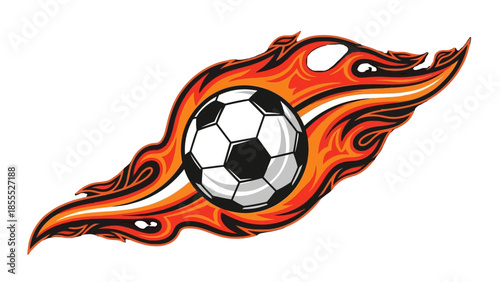 Soccer ball flying with dynamic red and orange flames, depicting speed and energy on isolated white background.