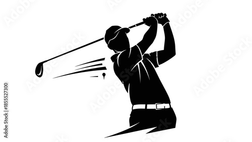 Dynamic male golfer silhouette in powerful swing with golf club, stylized movement lines on isolated white background.