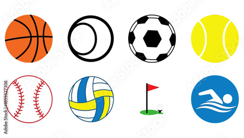 Colorful set of various sports balls and activity icons including basketball, soccer, tennis, baseball, volleyball, golf flag, and swimming, isolated white background.