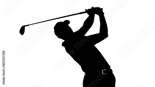 Male golfer silhouette at the top of a powerful golf swing, ready for impact on isolated white background.