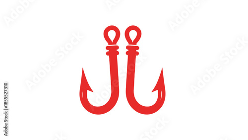 Two red fishing hooks intertwined, creating a unique symbol on isolated white background.