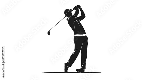 Male golfer silhouette swinging club on isolated white background, focused and active.