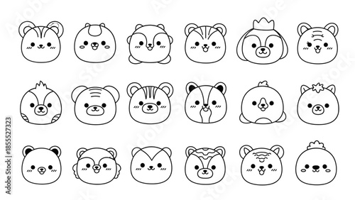 Set of cute cartoon animal faces with various expressions, outline drawing on isolated white background.