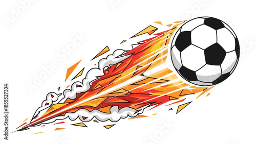 Fiery soccer ball with dynamic flame trail illustration, fast motion on isolated white background.