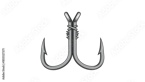 Detailed illustration of two silver fishing hooks securely tied together, isolated white background.