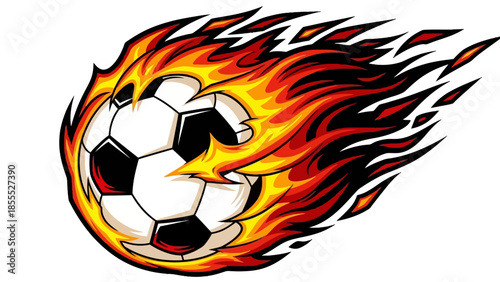 Soccer ball intensely engulfed in fiery flames, dynamic sports illustration, isolated white background.