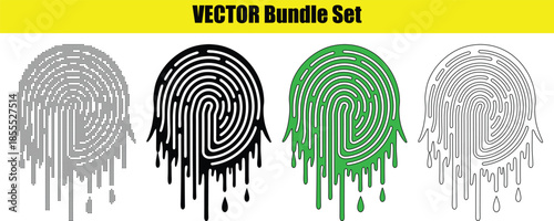 Four fingerprint icons with dripping effect in different styles and colors