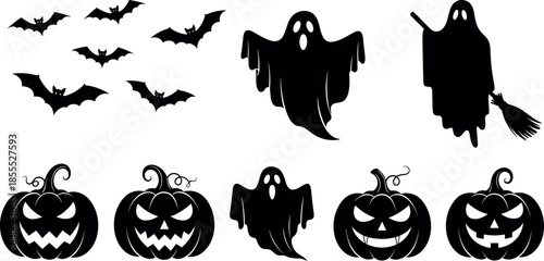 Halloween silhouette collection featuring spooky flying bats, haunting ghosts, creepy jack o lantern pumpkins, and a mysterious ghost riding a broomstick.