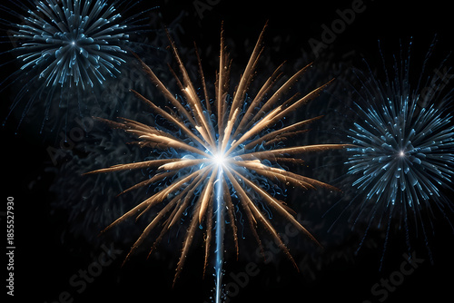 Blue firework sparks radiating outward on black background