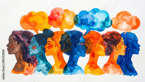 Diverse group of women with colorful silhouettes and thought bubbles representing different ideas and emotions in a watercolor style
