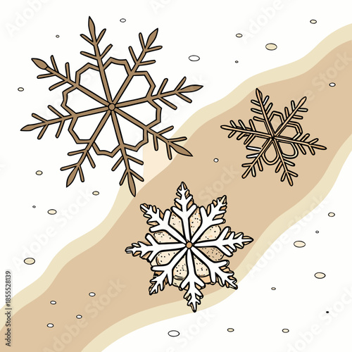 Crystalized snowflakes on brown sand white background