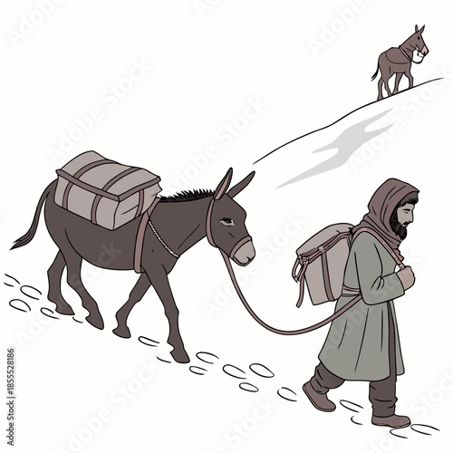 Nomad leading donkey with load and another donkey on snowy trail