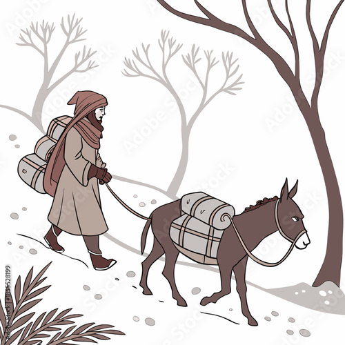 Nomad leading two donkeys through snowy trail with trees