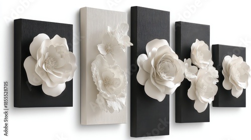 Elegant Wall Art Featuring White Paper Roses on Black and White Textured Panels with Subtle Shadows