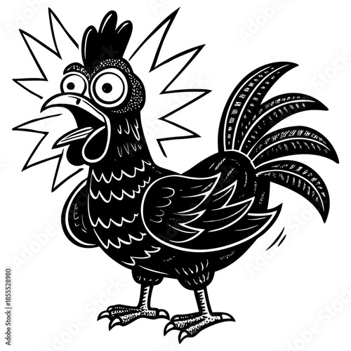 “Funny Rooster Cartoon Black and White Chicken Line Art Vector Illustration”