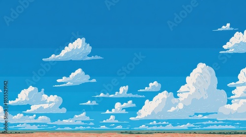 Pixel Art Landscape Featuring Fluffy White Clouds Against a Vibrant Blue Sky with Distant Horizon on Sunny Day
