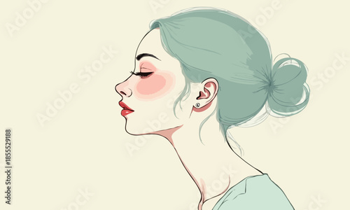 Ethereal Woman Profile with Mint Hair and Pastel Tones