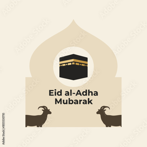Eid al-Adha Mubarak card with Kaaba silhouette in arch and goat icons on beige background.