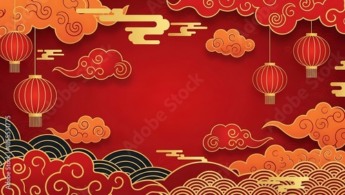 Traditional Chinese Lanterns and Cloud Pattern Illustration