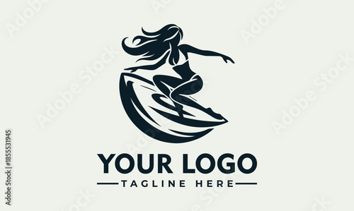 A vector logo featuring a woman surfing on a wave with a customizable tagline and logo text on a light green background.