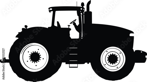 Vector illustration of a red agricultural tractor and farm machinery silhouette isolated on a white background for industrial transport or construction equipment