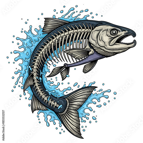 Salmon fish skeleton jumping out of blue water splash illustration
