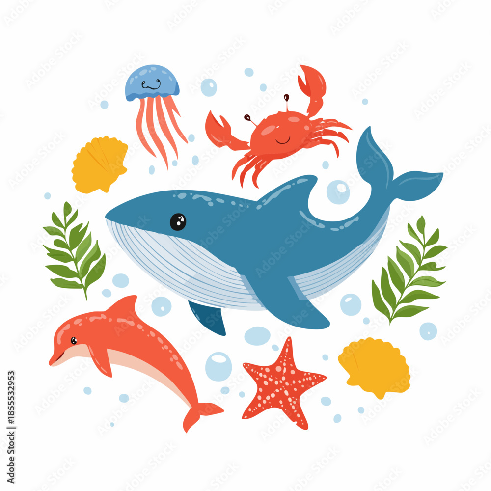 Obraz premium Cartoon illustration of marine life featuring a whale, dolphin, crab, jellyfish, and starfish.