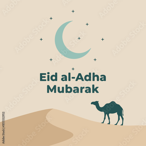 Eid al-Adha Mubarak design with camel silhouette on sand dunes and teal sky background.