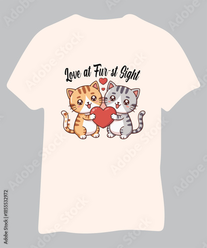 "Love at Fur-st Sight" Cute Cat Couple T-Shirt Design. Whimsical Feline Valentine's Day Apparel Vector