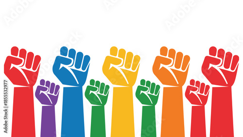 Colorful raised fists symbolizing unity, protest, empowerment, social justice movements, collective strength, activism, solidarity, human rights advocacy, equality, diversity, and powerful community 