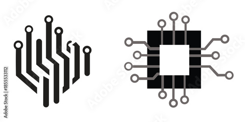Circuit board pattern and square microchip processor icons for technology hardware artificial intelligence and digital electronics system design